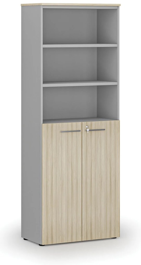 Szafa biurowa kombinowana PRIMO GRAY, drzwi na 3 poziomach, 800 x 420 x 2128 mm, szary/dąb naturalny