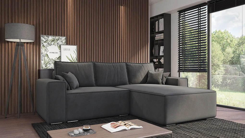 Emporius Lora narożnik rozkładany - narożnik z funkcją spania i pojemnikiem - nowoczesny styl, prawostronny, tkanina aksamitna, ciemny szary (Amor Velvet 4321)