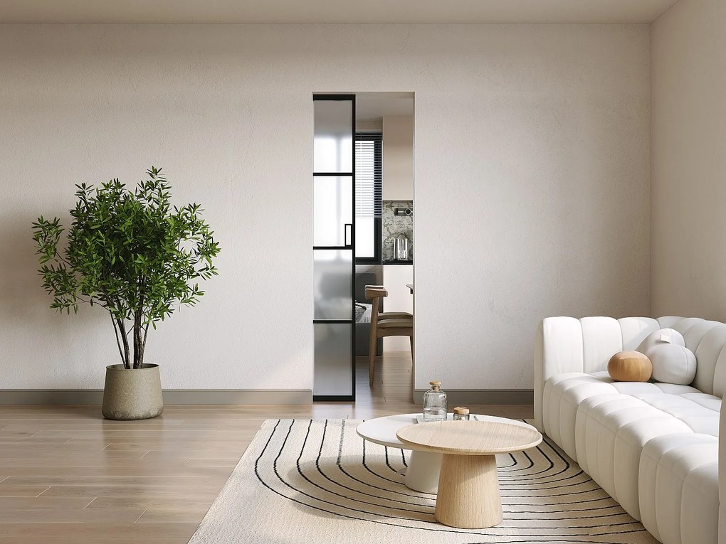 Drzwi przesuwne chowane w ścianie z aluminium i matowego szkła hartowanego - wys. 205 x szer. 83 cm - WILDEN II