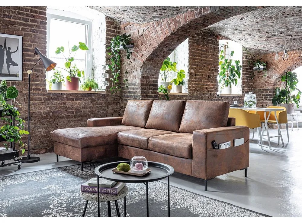 Brązowy narożnik rozkładany z imitacji skóry Miuform Lofty Lilly Vintage, lewostronny