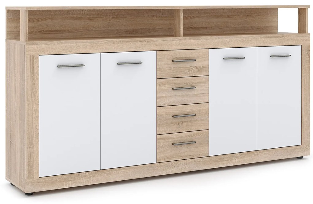 Komoda Czterodrzwiowa z Szufladami BLAGO 190 cm Dąb Sonoma/Biała Nowoczesna