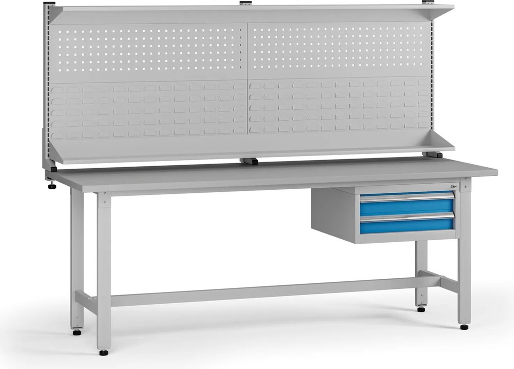 Stół warsztatowy z regulacją wysokości G5 z panelem, 2100 x 750 x 800-1000 mm, 1x kontener, 2x szuflada, niebieski