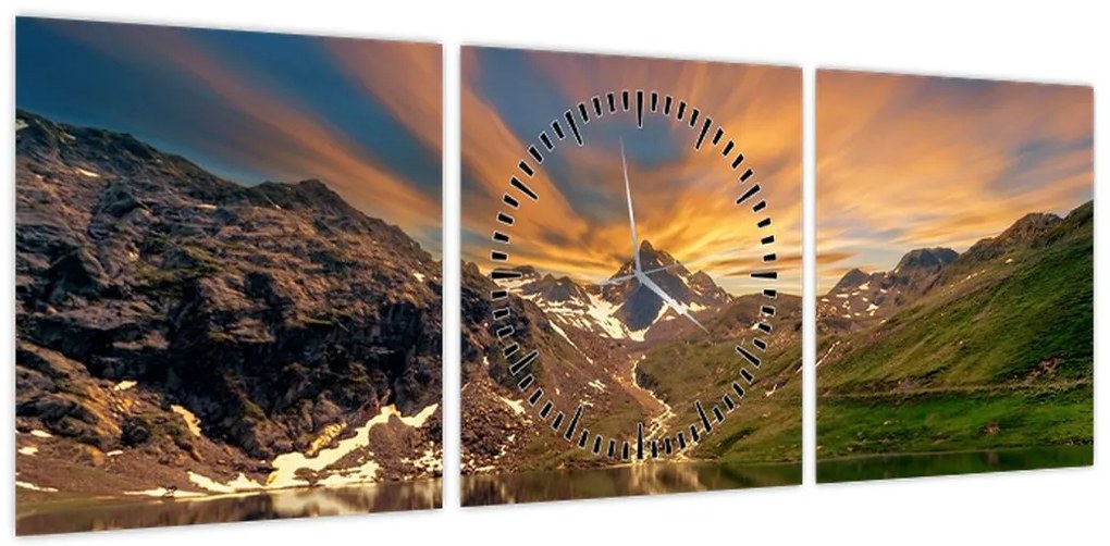 Obraz - Odbicie w górskim jeziorze (z zegarem) (90x30 cm)