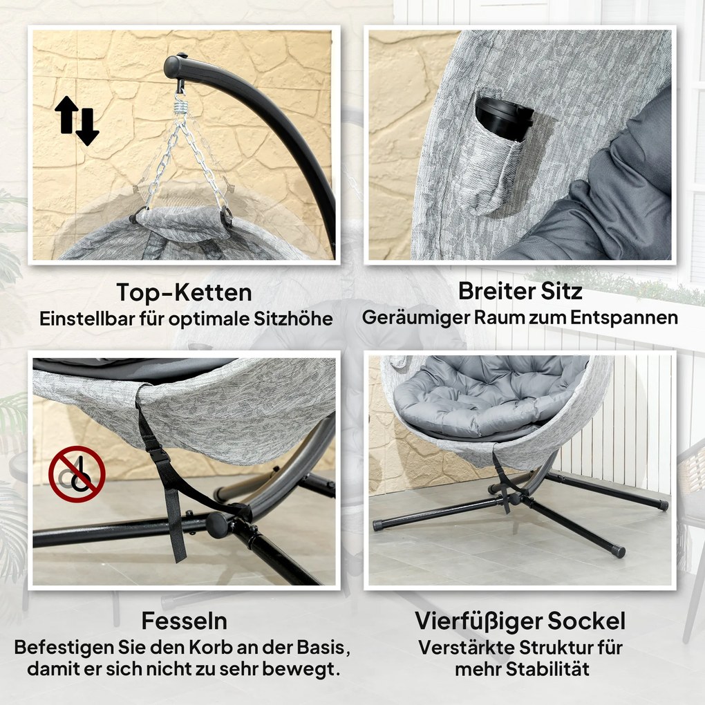 Outsunny Jajowaty kosz huśtawkowy, huśtawka z funkcją huśtania i składanym koszem, krzesło ogrodowe, uchwyt na kubek, Szare