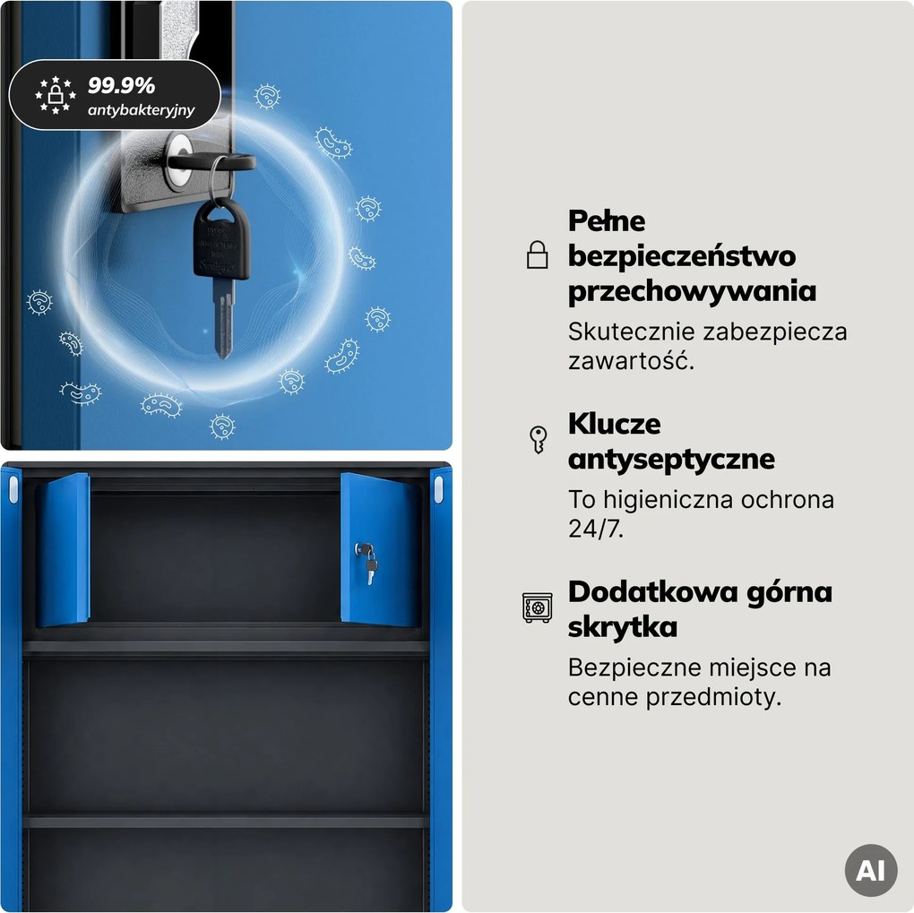 Szafa metalowa ze schowkiem antracytowo-niebieska, 900x1850x450 mm: TOMASZ