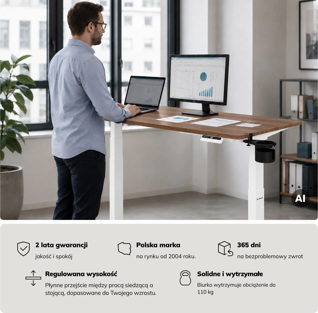 Biurko elektryczne z regulacją wysokości ergonomiczne białe/orzech,1400x700 mm: ARIA