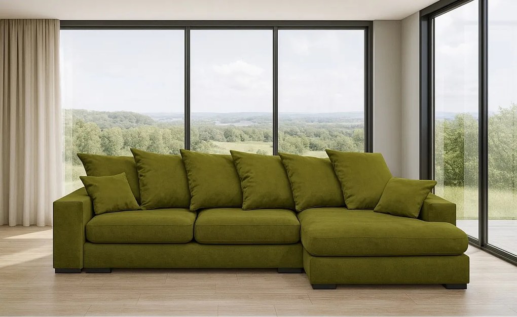 Narożnik z funkcją spania i pojemnikiem, Sofa w kształcie L Gabon L, tkanina Riviera, Jasnozielony, Prawy