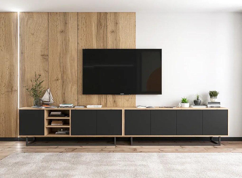 Zestaw stojących szafek rtv dąb wotan + czarny - Avila 16X