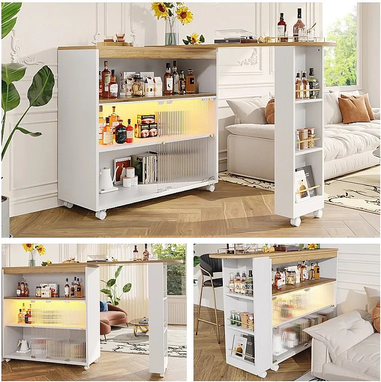 Rozkładana szafka barowa - 2 przesuwane drzwi szklane, 3 półki do przechowywania i wnęka - blat MDF imitujący drewno - diody LED - naturalny i biały