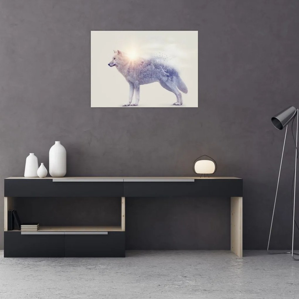 Obraz - Wilk arktyczny odzwierciedla dziki krajobraz (70x50 cm)