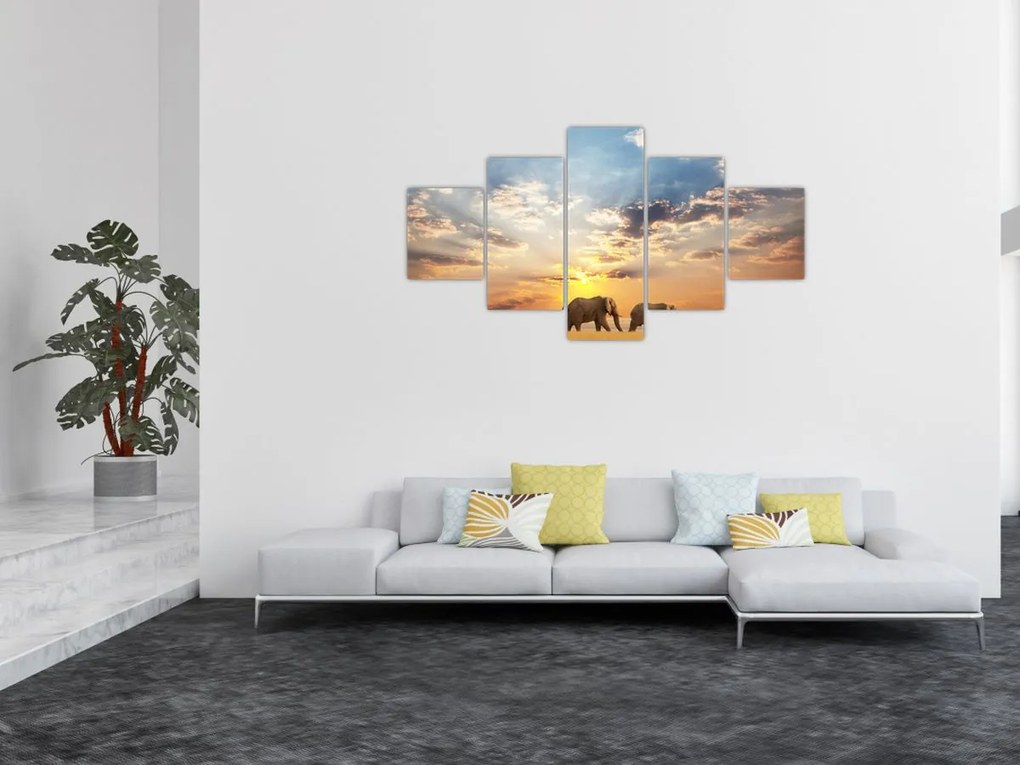 Obraz - Słonie wędrujące po sawannie (125x70 cm)