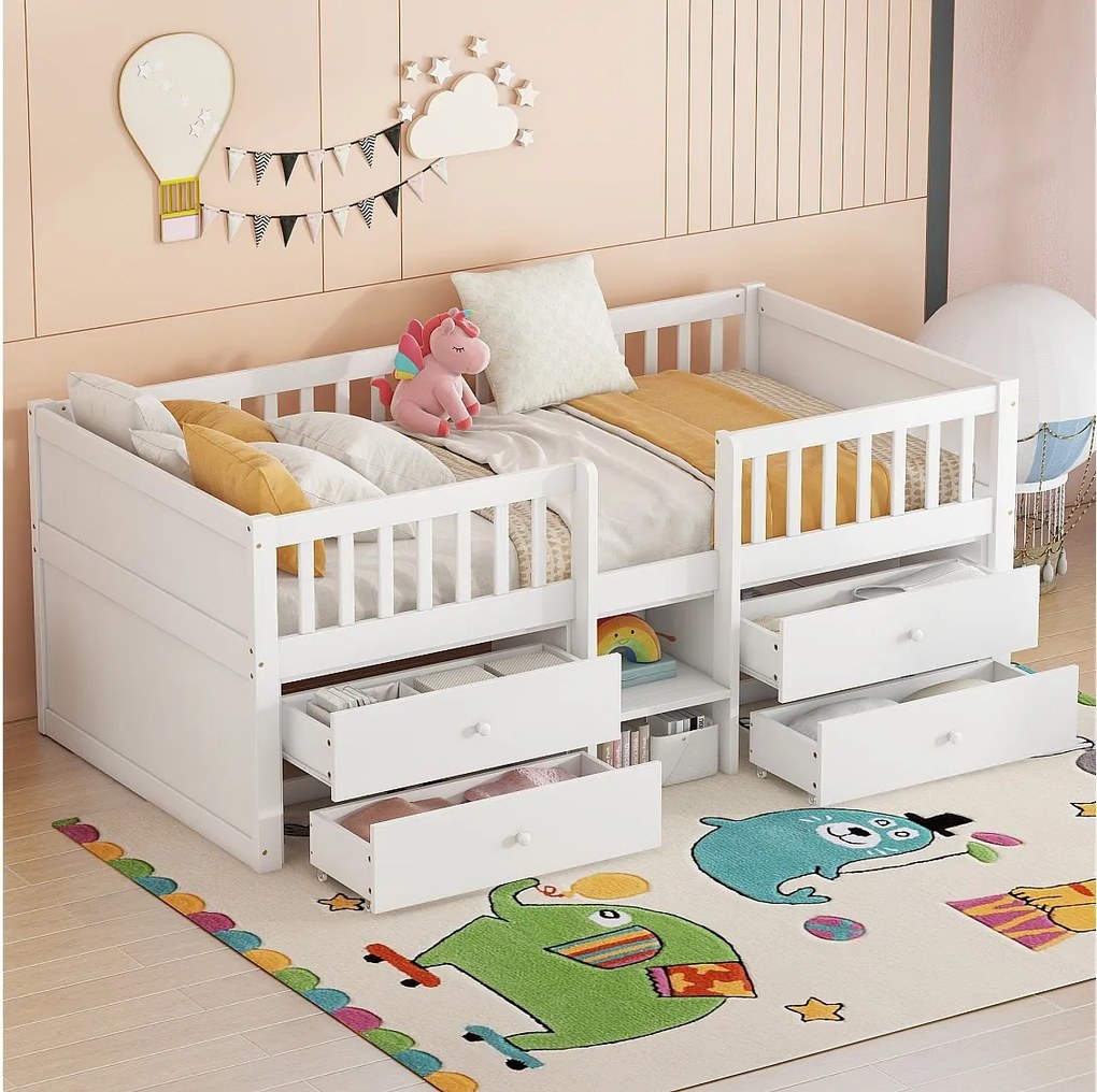 Łóżko dziecięce 90x200 cm z 4 szufladami do przechowywania i barierkami ochronnymi, białe – bez materaca