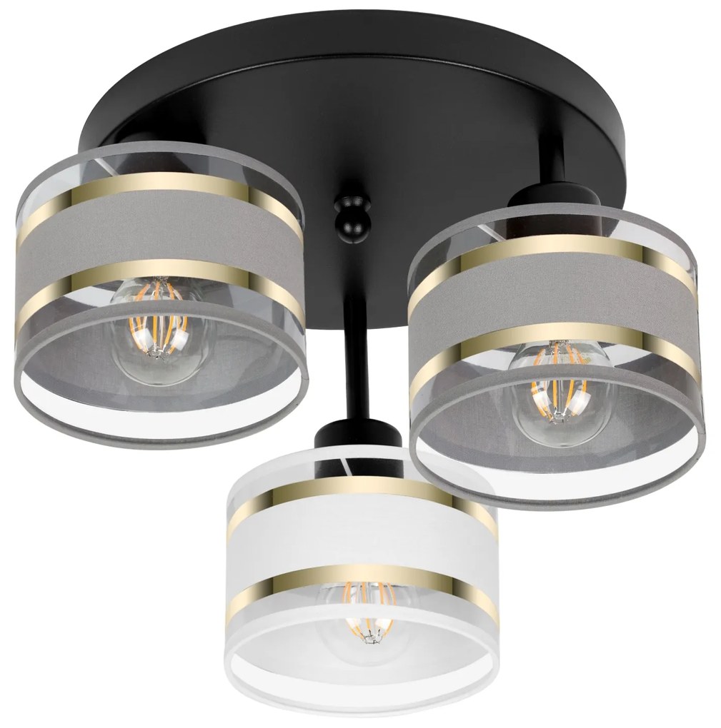 Lampa sufitowa czarna trzypunktowa z szaro-białymi abażurami T-3030SC-