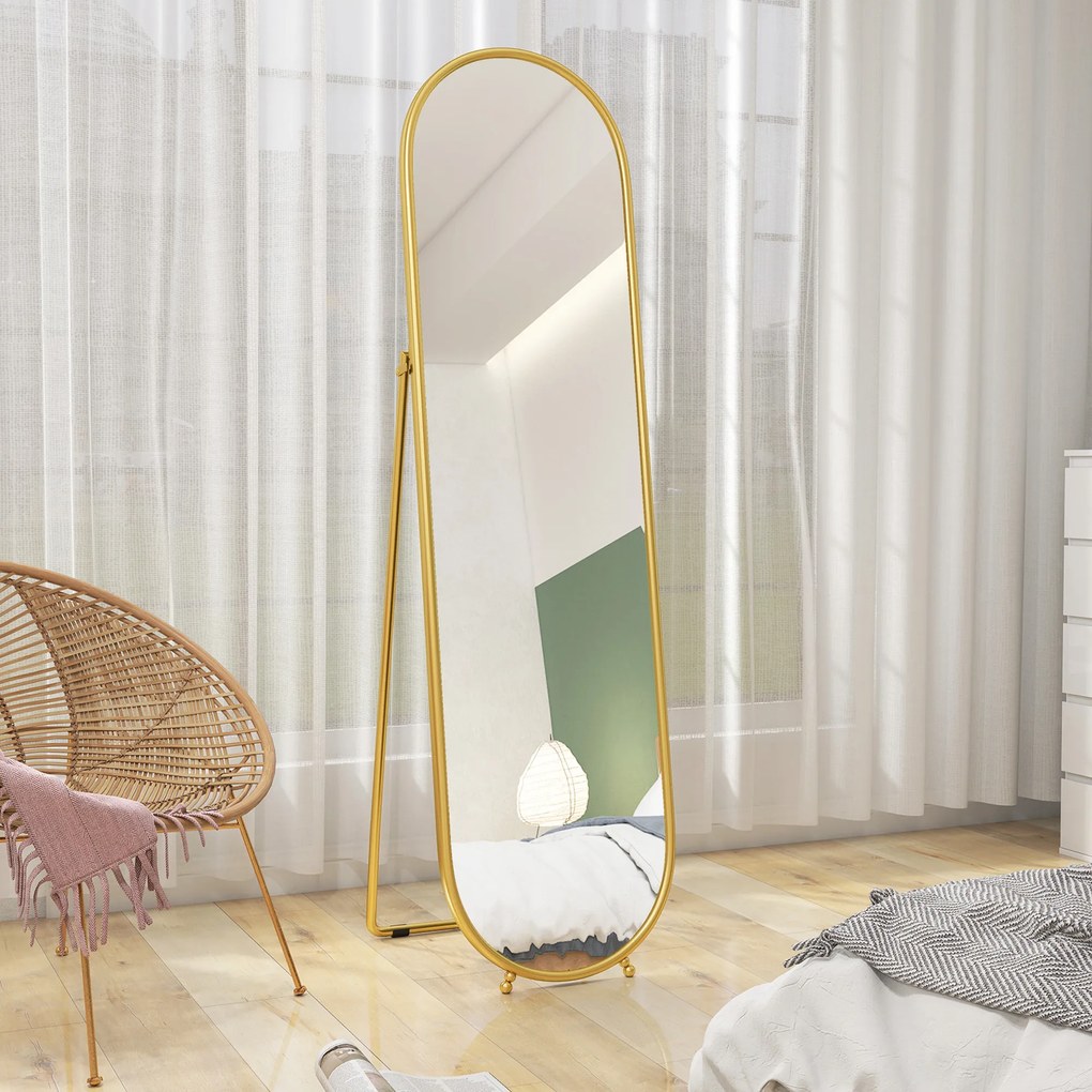 HOMCOM Lustro całopostaciowe, owalny kształt, wolnostojące, rama metalowa, 50x180 cm, złote | Aosom PL