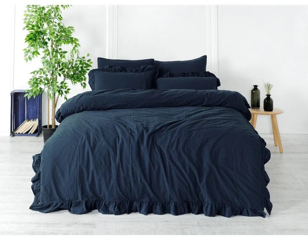 Ciemnoniebieska pościel dwuosobowa z bawełny renforcé 240x220 cm Ruffle Striped – Mila Home Luxury