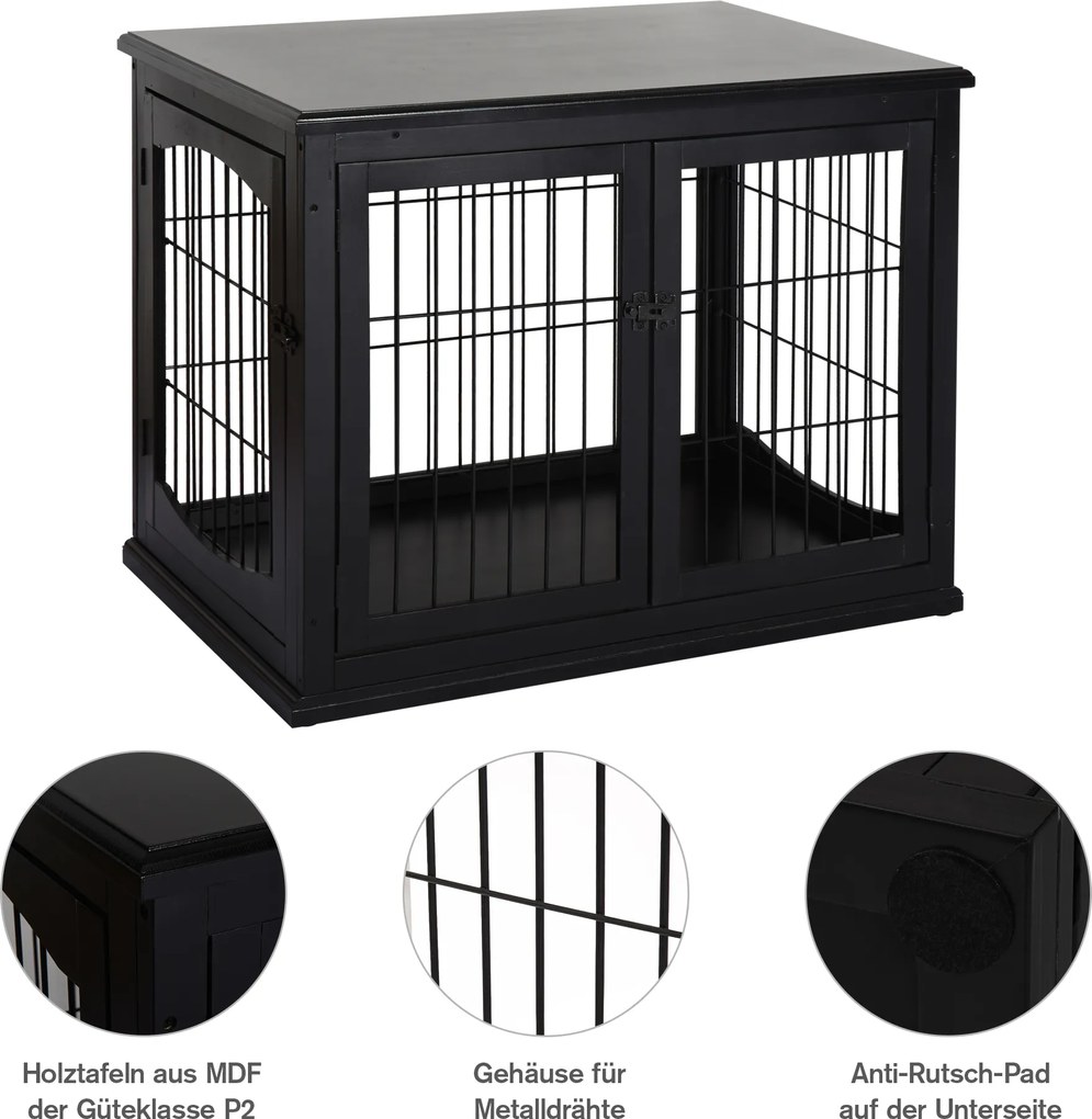 Pawhut Klatka dla Psa do Domu 2 Drzwi Zwierzęta Domowe MDF Metal Czarna, 58,5 x 81 x 66 | Aosom PL