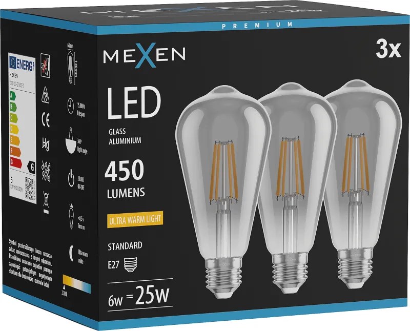 Mexen Vintis 3x żarówka filament LED E27, ST64, 6W, Ciepła - 2200K, 450 lm, smoke - L152-E27-0622-70x03
