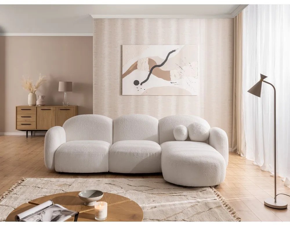 Kremowy narożnik z materiału bouclé (prawostronny/z szezlongiem) Orbit – Ropez