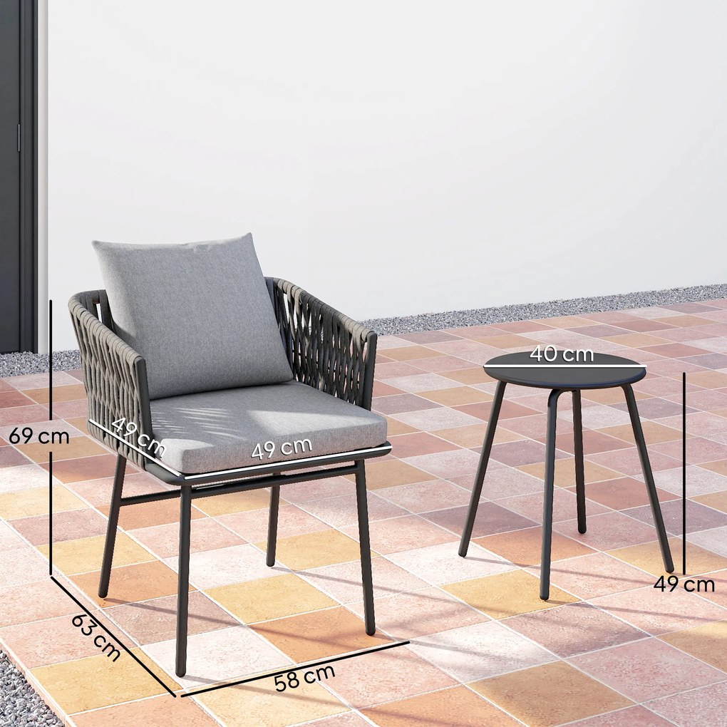 Outsunny 3-częściowy Zestaw Mebli Ogrodowych, 2 Krzesła, 1 Stół, Zestaw Bistro, Sztuczny Rattan, Rama Stalowa, Stół Metalowy, 4 Poduszki, Szary