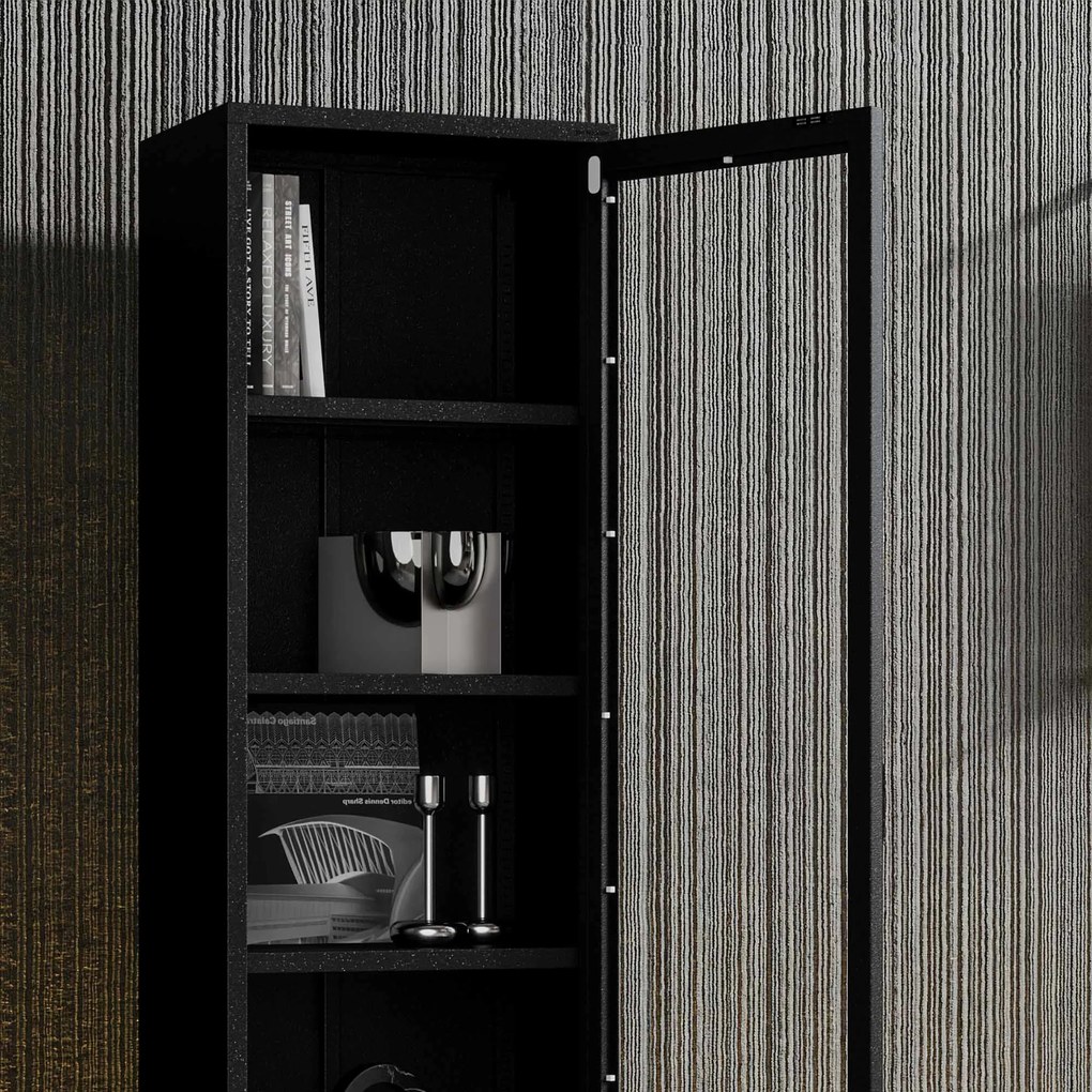 Witryna szklana do salonu wąska metalowa czarna LUIGI Modern 500 x 1800 x 350 mm