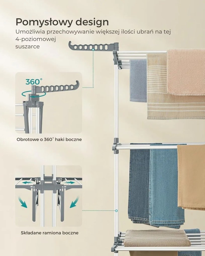 Suszarka na pranie ELTON z 4 poziomami na kółkach, 63,5x128x173cm,biały/szary SongmicsHome
