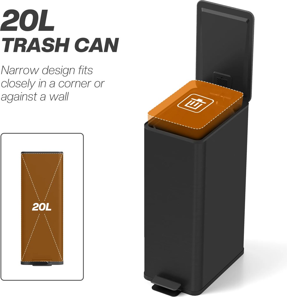 HOMCOM Kosz na Śmieci 20L, Pokrywka Soft-Close, Miejsce na Dezodorant, Odporna na Odciski Palców Stal Nierdzewna, Czarny | Aosom PL
