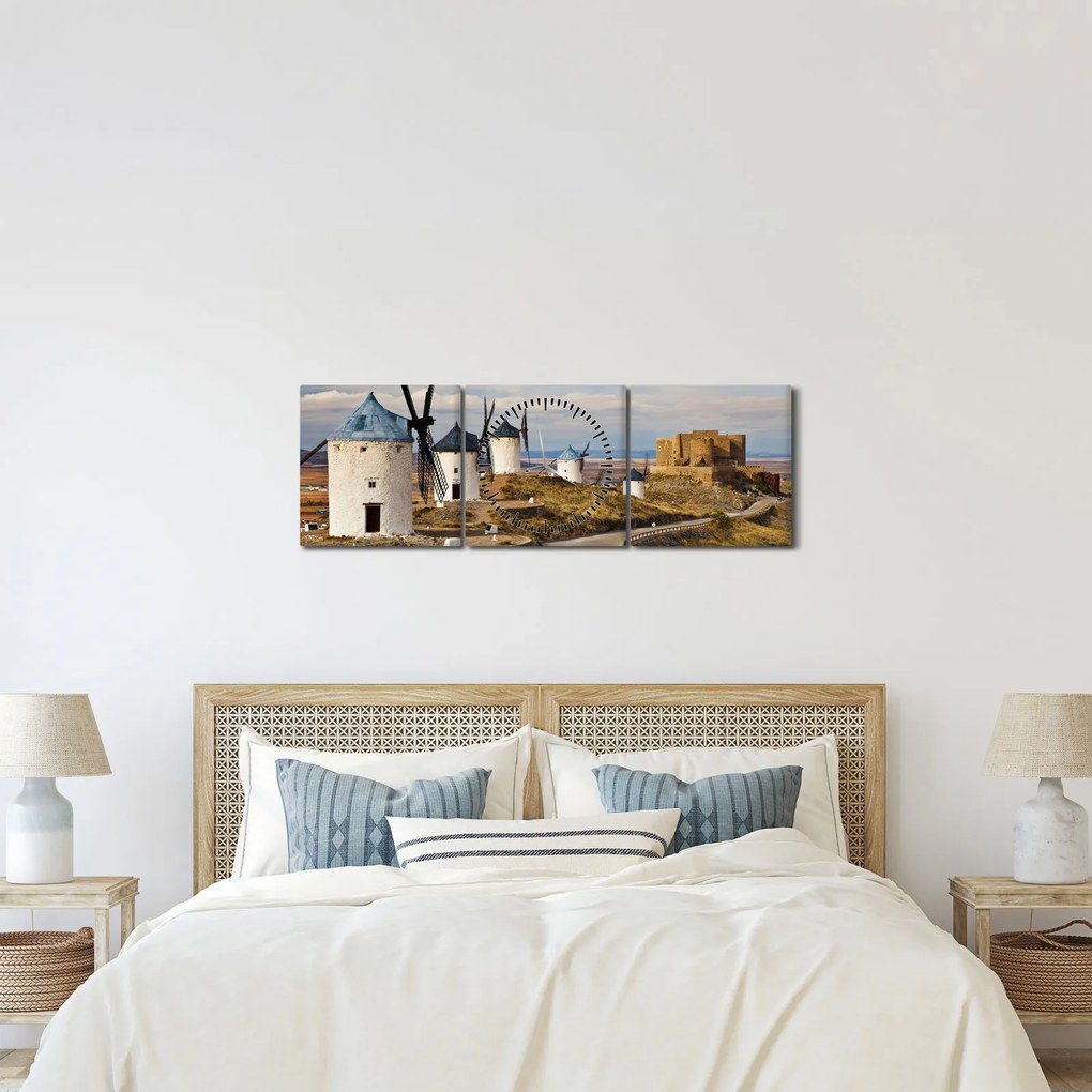 Obraz - Wiatraki Consuegra, Hiszpania (z zegarem) (90x30 cm)