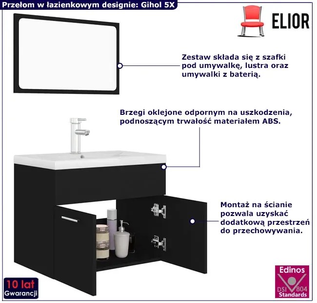 Nowoczesny czarny zestaw łazienkowy z umywalką 60 cm - Gihol 5X