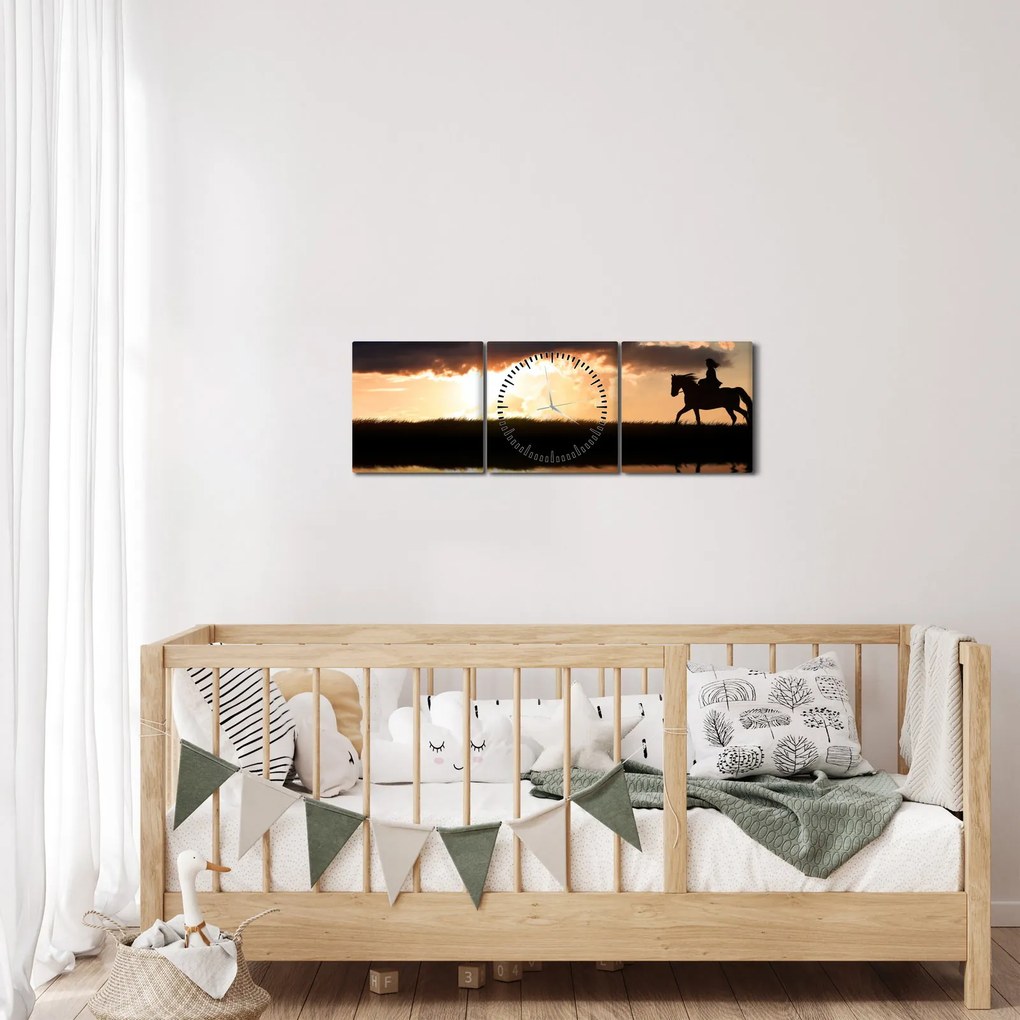 Obraz - Jeździec na koniu o zachodzie słońca (z zegarem) (90x30 cm)