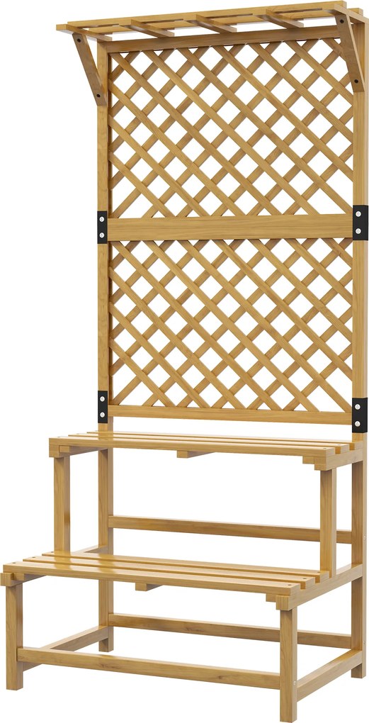 Outsunny Stojak na rośliny, półka na kwiaty, 2 poziomy, z kratką i daszkiem, drewno sosnowe, 75x50x166 cm, Żółty | Aosom PL