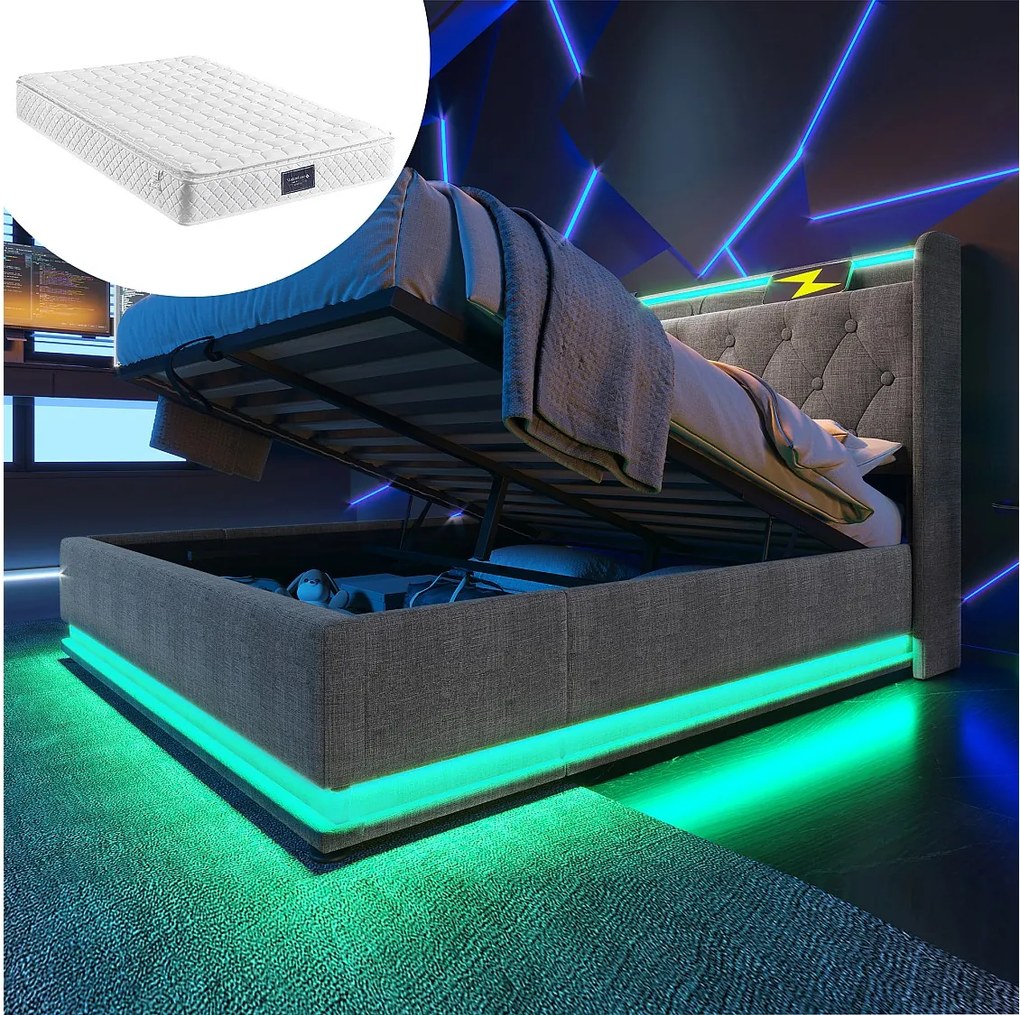 Łóżko z pojemnikiem 160x200 cm - z zagłówkiem ze schowkiem, USB/Typ-C, oświetleniem LED, stelażem - szary len - materac w cenie