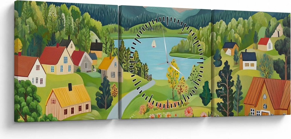 Obraz - Wioska w górach (z zegarem) (90x30 cm)