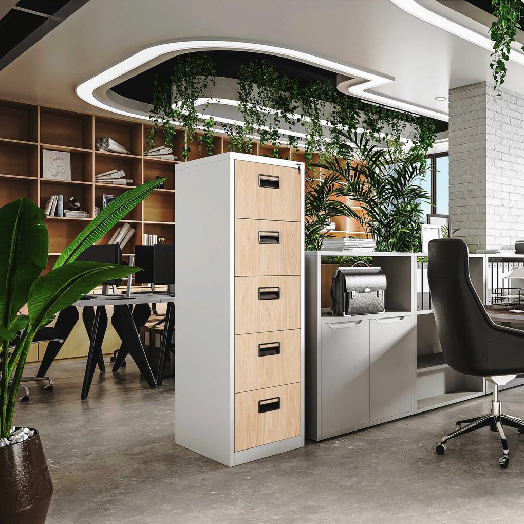 Metalowa szafa kartotekowa SARA V5, 460 x 1625.5 x 620 mm, Eco Design: biała/ dąb sonoma