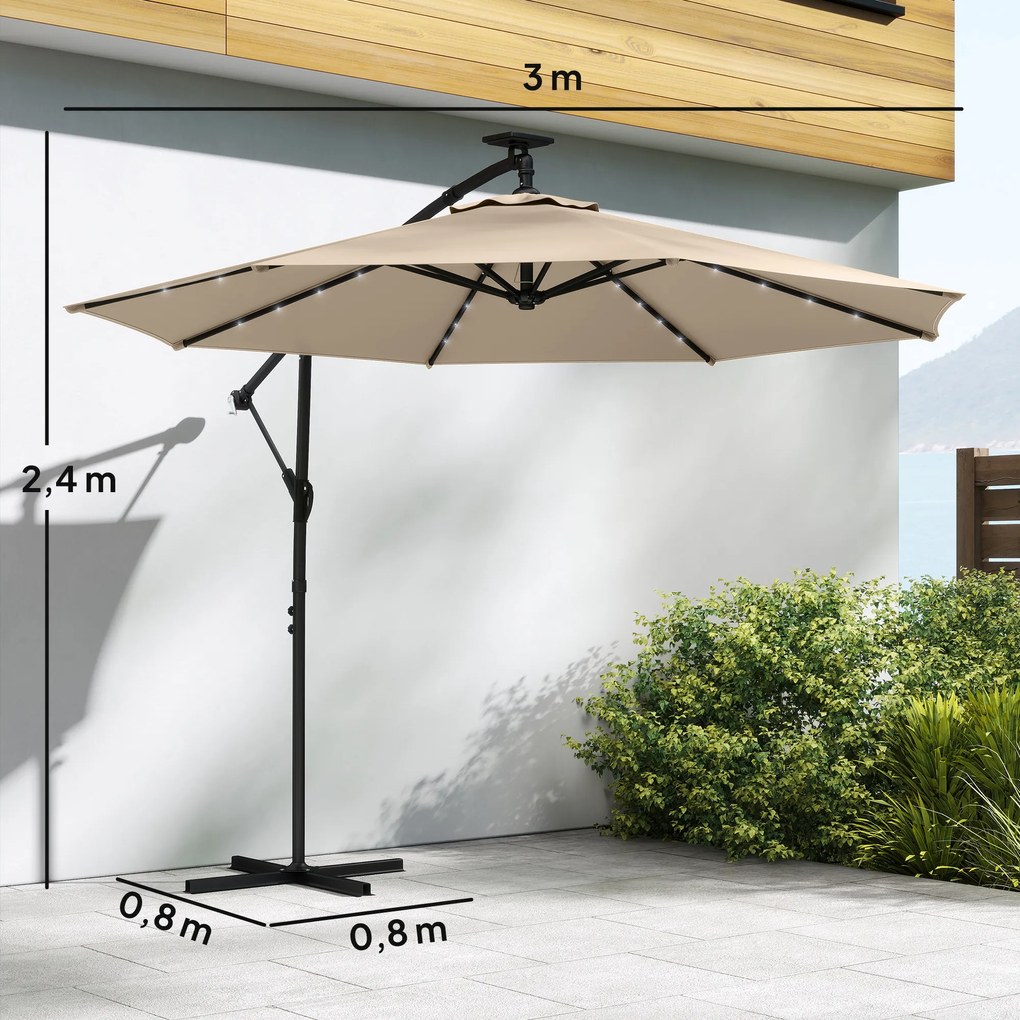 Outsunny Parasol ogrodowy LED Solar Ø300 cm obrotowy z korbą, stojakiem, pokrowcem beżowy | Aosom PL