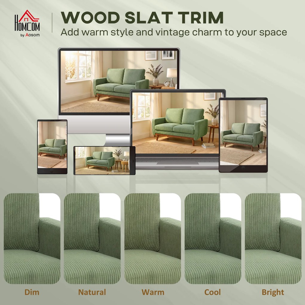 HOMCOM 2-osobowa sofa, 134 cm, sztruksowa kanapa z kieszeniowymi sprężynami, grubym oparciem, drewnianymi akcentami, zielona | Aosom PL