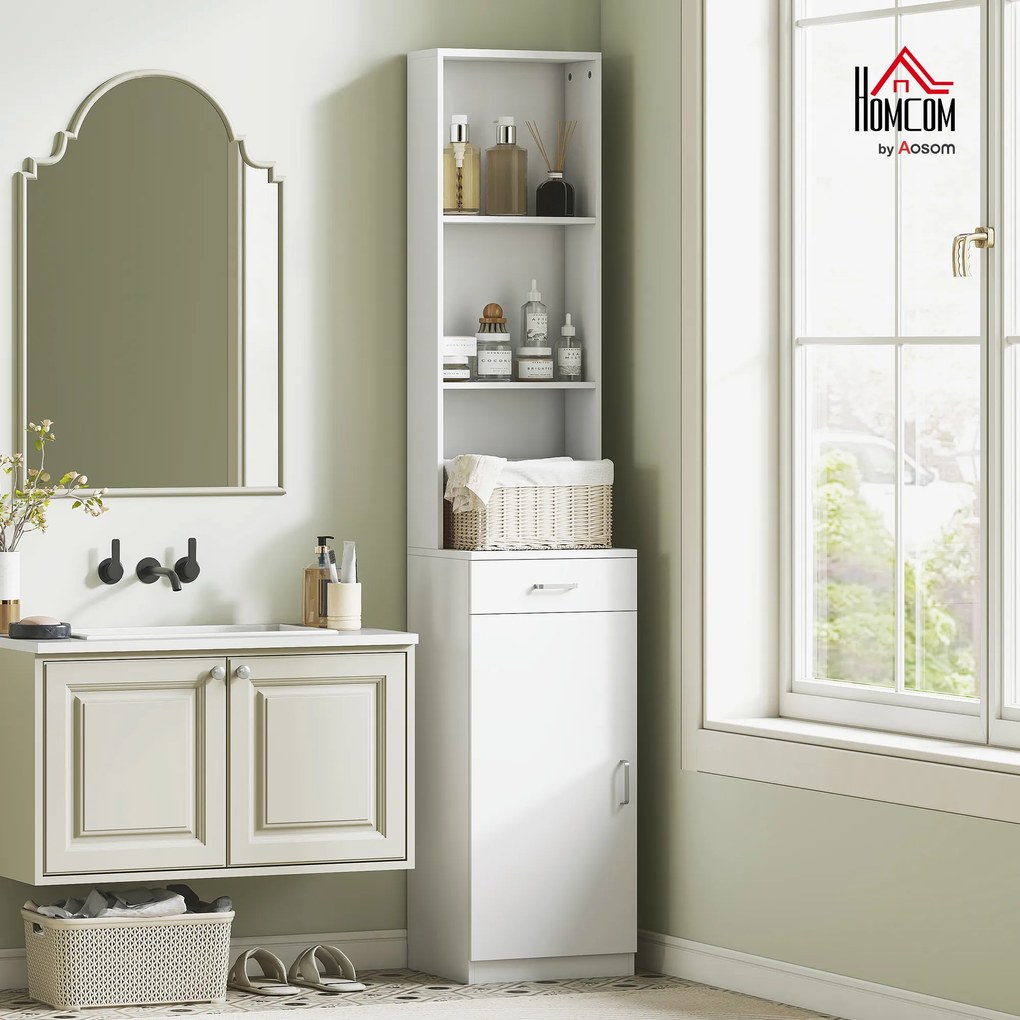 Szafka Łazienkowa HOMCOM, Wysoka i Wąska, z Szufladą, Regulowanymi Półkami, Biała Płyta Wiórowa