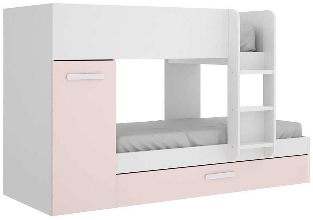 Łóżko piętrowe z łóżkiem wsuwanym  ze skrzynią i - 3 x 90 x 190 cm - Kolor biały, naturalny i różowy - ANTHONY