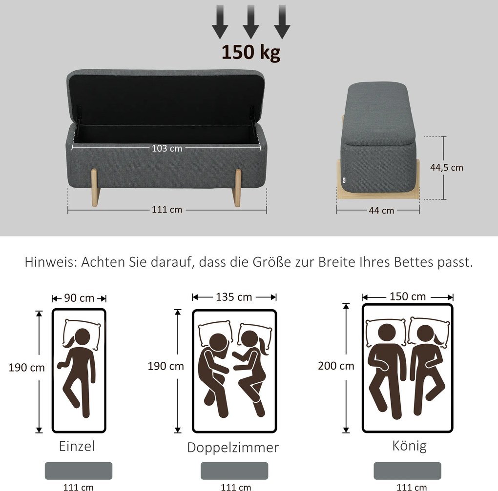 HOMCOM Hoker ze schowkiem, ławka z piankowym wypełnieniem, imitacja lnu, 111 x 44 x 44,5 cm, ciemnoszary
