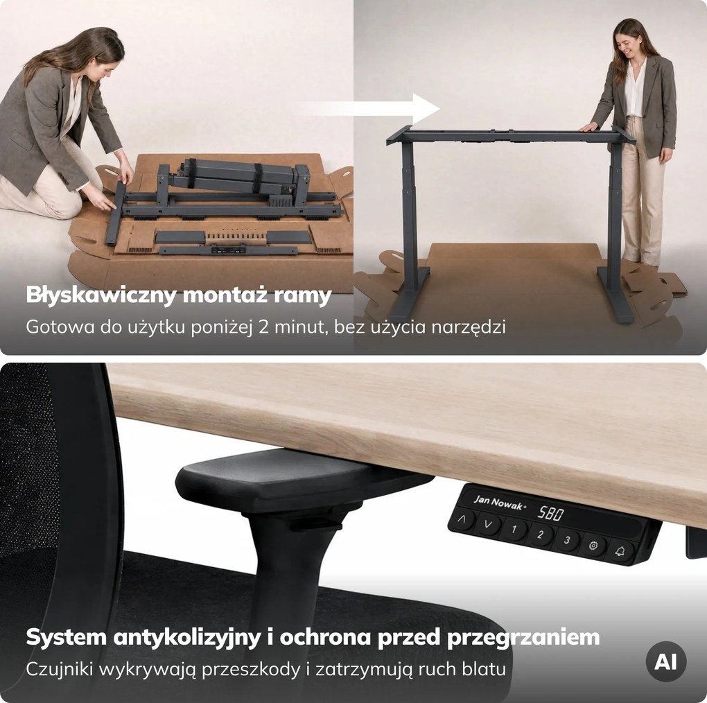 Biurko elektryczne z regulacją wysokości ergonomiczne antracytowe/dąb sonoma,1400x700 mm: ARIA
