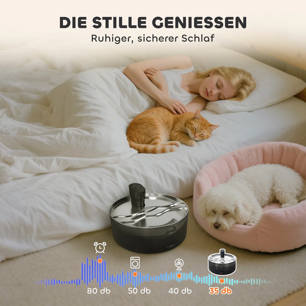 PawHut Fontanna dla Kotów 7L z Cichą Pompą LED, Filtrem z Aktywnym Węglem, Nierdzewna Stal, Łatwa w Czyszczeniu, 30,6 x 30,6 x 17,2 cm