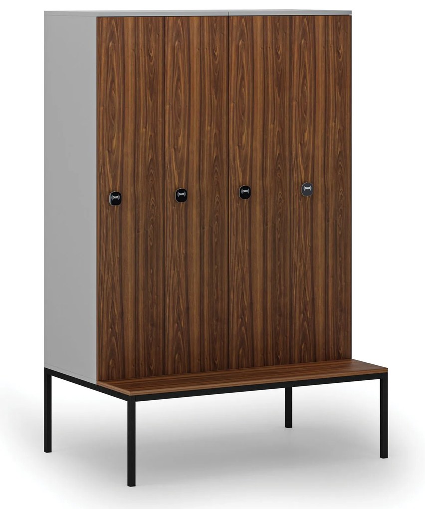 Drewniana szafa ubraniowa S4 z ławką, 4-drzwiowa, 1871 x 1200 x 500/800 mm, demontaż, zamek RFID, szary/orzech
