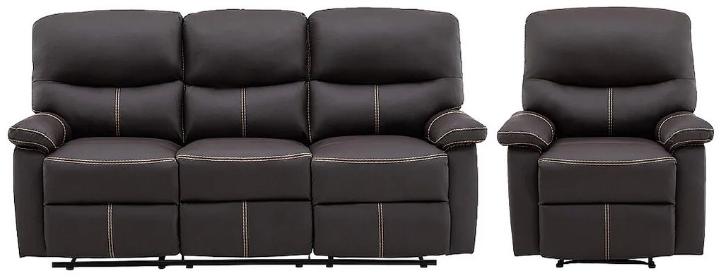 Kanapa 3-osobowa i fotel z funkcją relax z ekoskóry w kolorze brązowym CANBY