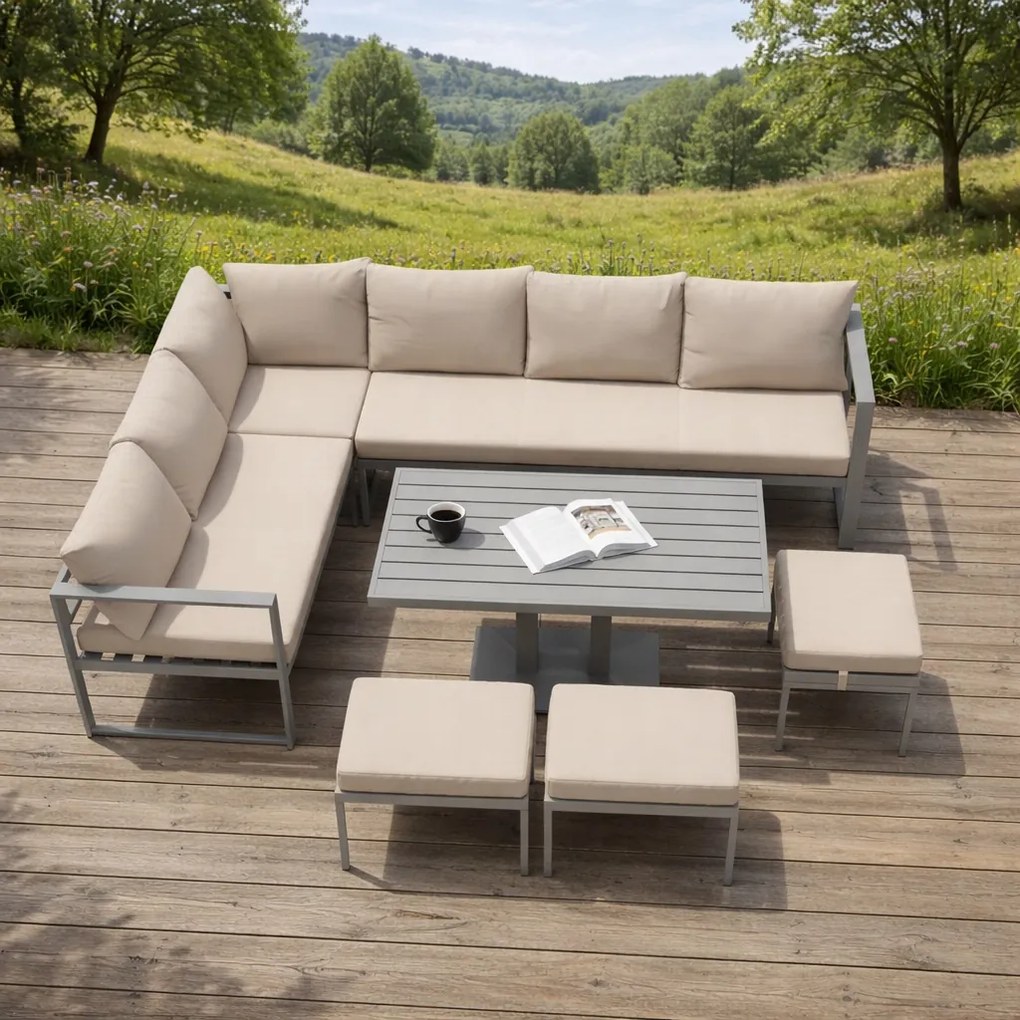 Narożnik ogrodowy Bellagio NM21-BR z pufami i stołem, szary, poduszki beżowe