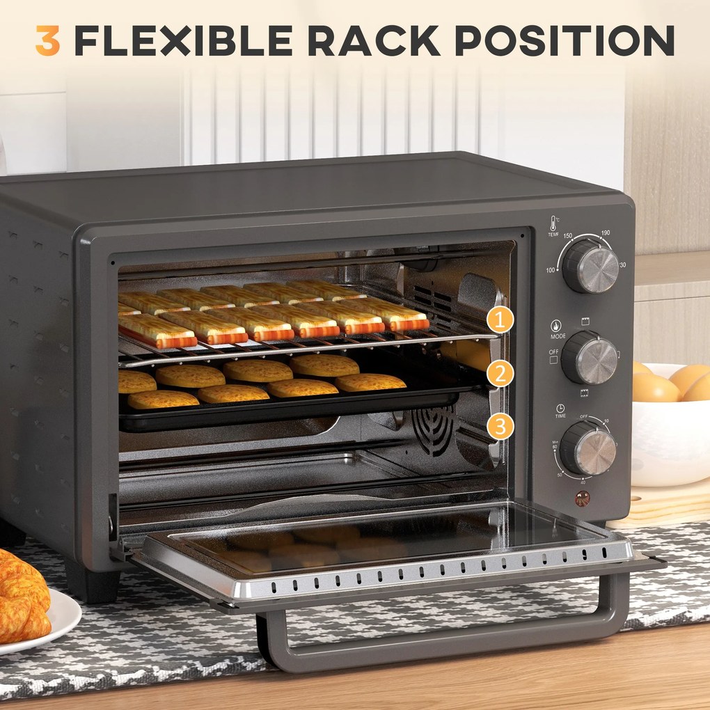 HOMCOM Minipiekarnik, 21 L Piekarnik tosterowy z 1 rusztem i 1 blachą, 3 tryby gotowania, 100 °C-230 °C, Stal nierdzewna, Szkło, Szary