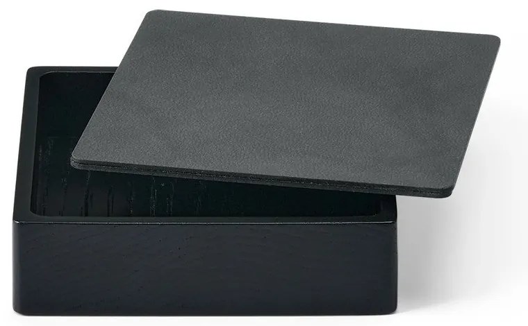 Czarno-antracytowy drewniany/ze skóry ekologicznej pojemnik dekoracyjny z pokrywką 11x11x3,5 cm Square Nupo – LIND DNA
