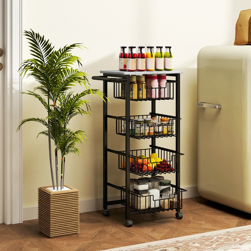 HOMCOM 4-poziomowy wózek kuchenny na kółkach, mobilny wózek do serwowania, wózek kuchenny z 4 stalowymi koszami, wózek do serwowania