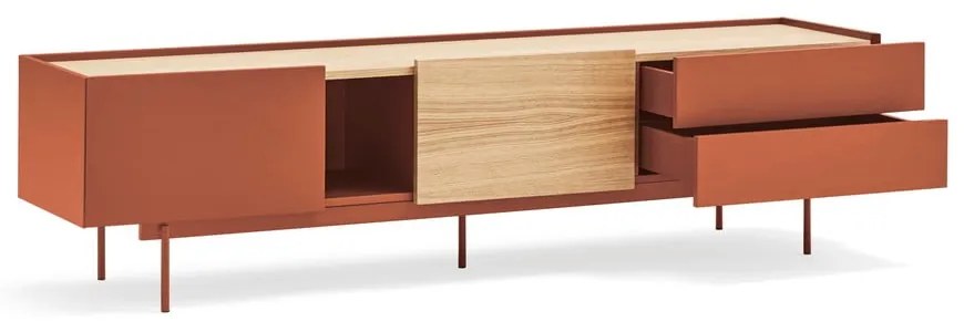 Ceglasto-naturalna szafka pod TV w dekorze dębu 180x45 cm Otto – Teulat
