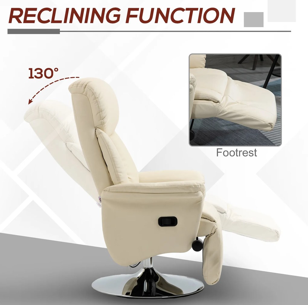 HOMCOM Fotel relaksacyjny, funkcja leżenia, wygląd skóry, podnóżek, do 150 kg, 78 x 80 x 109 cm, Kremowy | Aosom PL