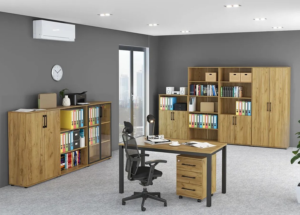 Zamykany na klucz komplet biurowych mebli z biurkiem dąb craft F2-C32
