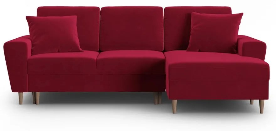 Czerwony aksamitny rozkładany/ze schowkiem narożnik (prawostronny/z szezlongiem) Kyoto – Cosmopolitan Design